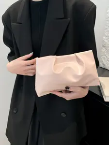Women's Solid Color PU Handbag with Pleated Design, Lightweight Zipper Makeup Bag, Minimalist Evening/day Use Organizer