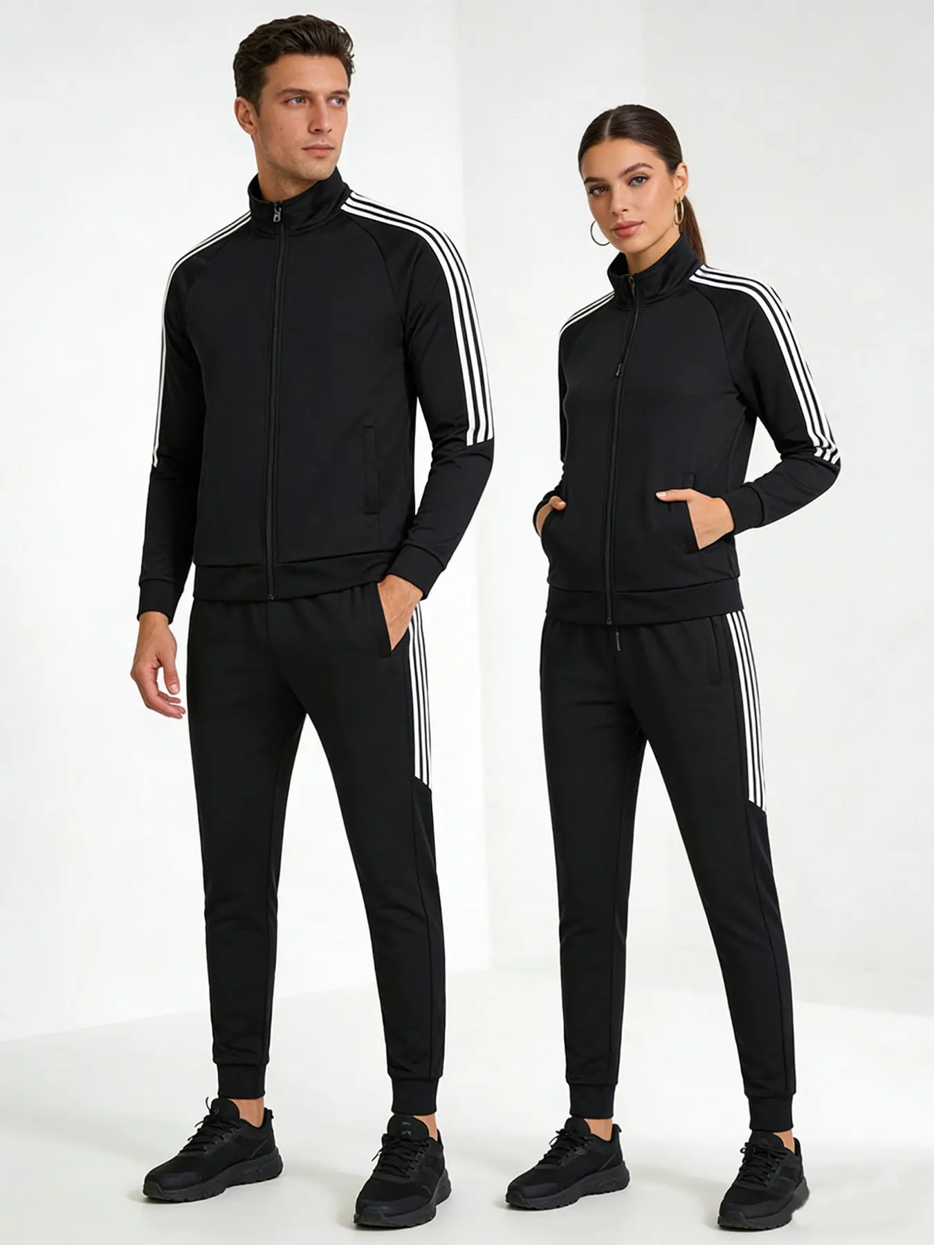 High-Quality Spring/Fall Unisex Sporty Striped Jacket and Drawstring Pants Set, Fitness Sportswear Set, Sports Outfits, Windproof Stand Collar, Ideal for Couples' Fitness, Running and Cycling