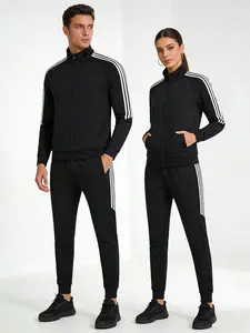 High-Quality Spring Fall Unisex Sporty, Striped Drawstring Jacket & Long Pants Set, Windproof Standing Collar, Couples Fitness Running Cycling