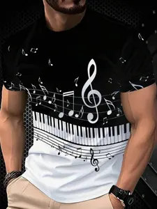 Men's 3D Note Print T-Shirt, Casual Short Sleeve Round Neck, Bottom, Piano Keys and Treble Clef Pattern