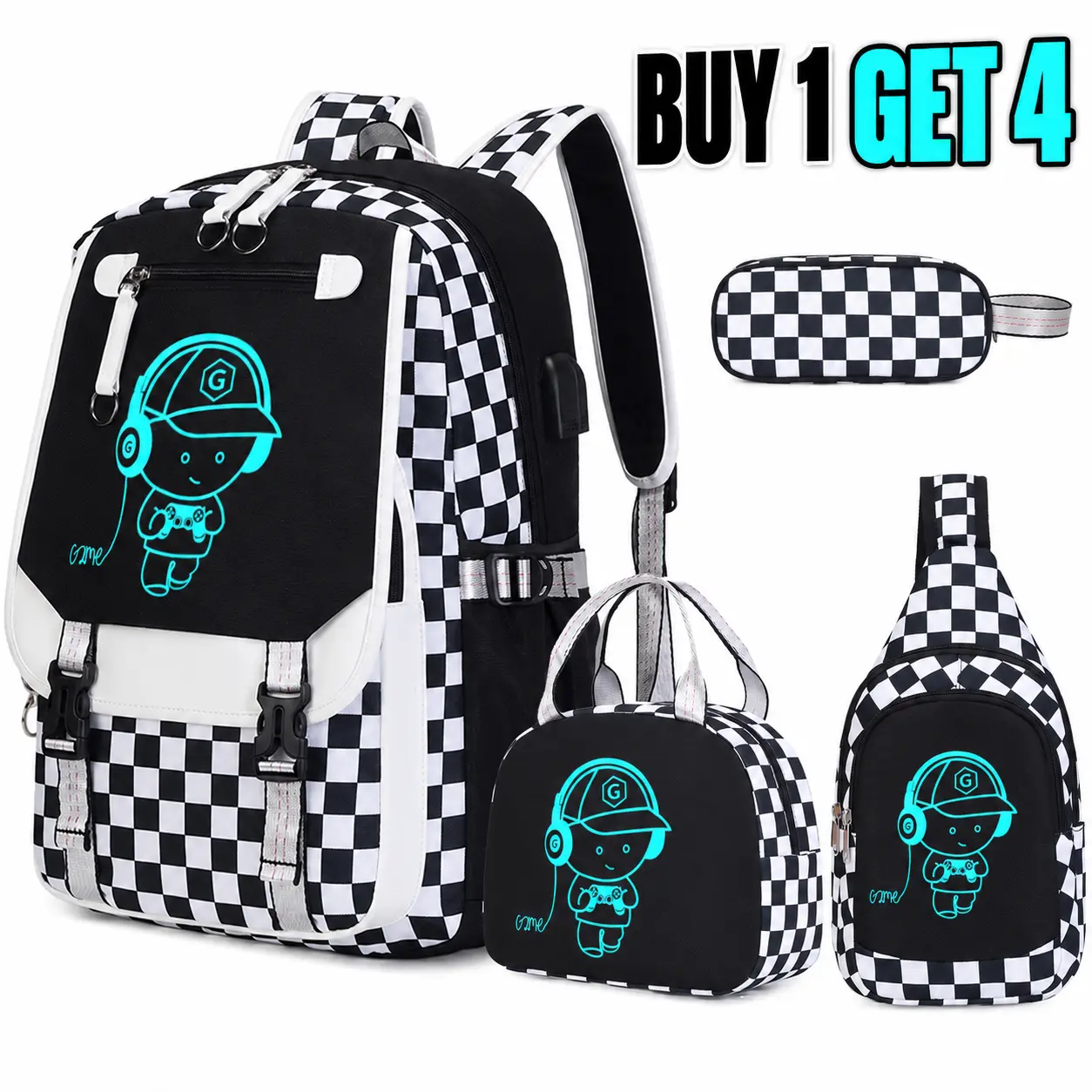 [Clearance] Similove 4PCS Backpack Set for Boys, Bookbag Glow In The Dark, Cool Luminous Boys Backpack with Lunch Bag & Pen Case, Sling Bag School Bags for Kids Children Teens Elementary Middle Schools,,halloween