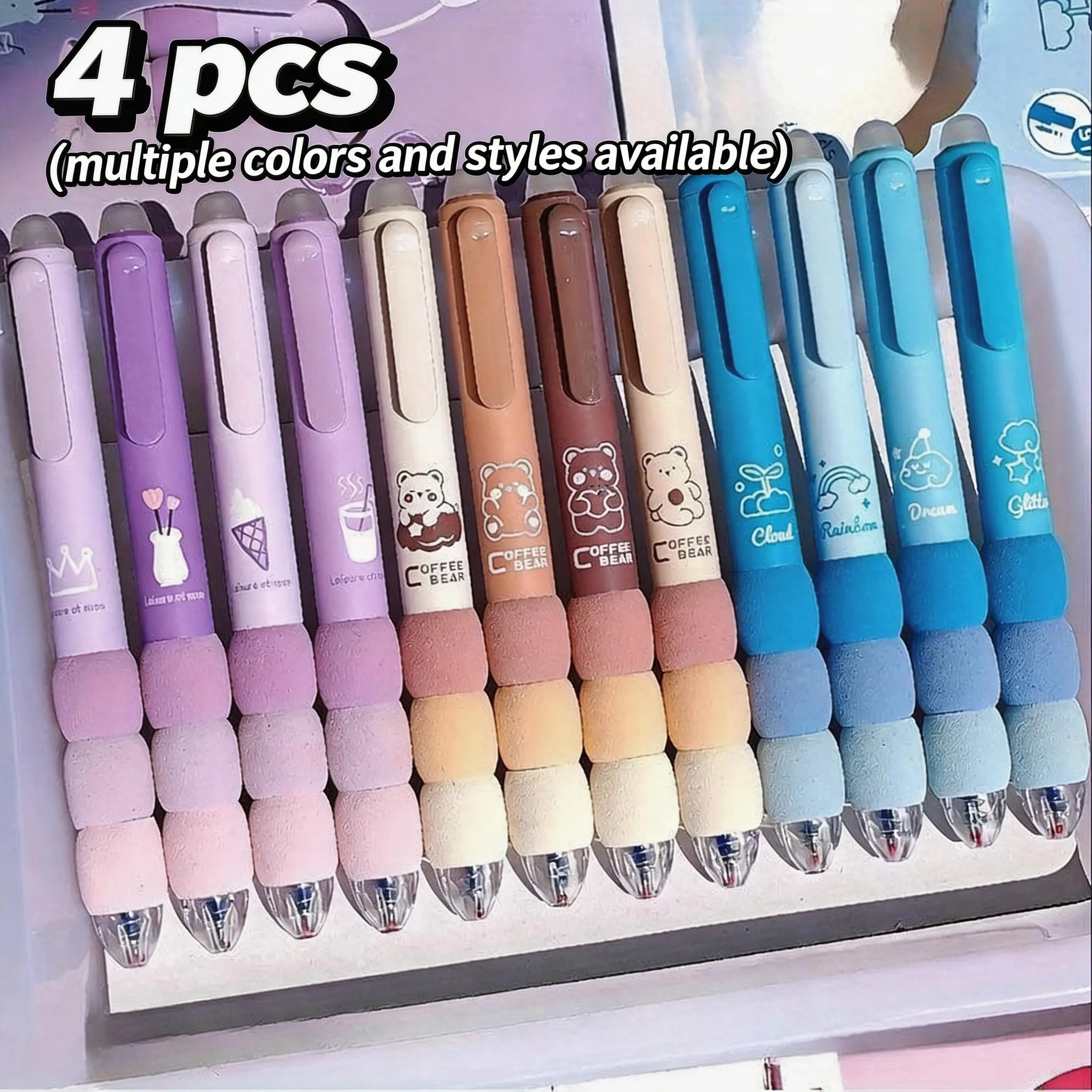 4 Erasable Neutral Pens, Soft Grip, 0.5mm Fine Tip, Blue Ink, Kawaii Stationery, College Student Pen, Suitable for School and Office Supplies, Erasable Ballpen