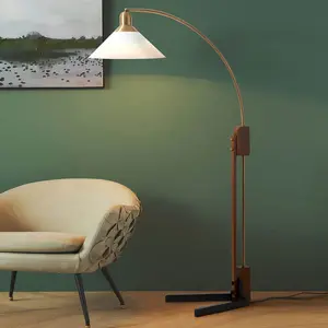 Melmar Chairside Arc Floor Lamp - Weathered Brass and Walnut, Dimmer Switch, V-Base
