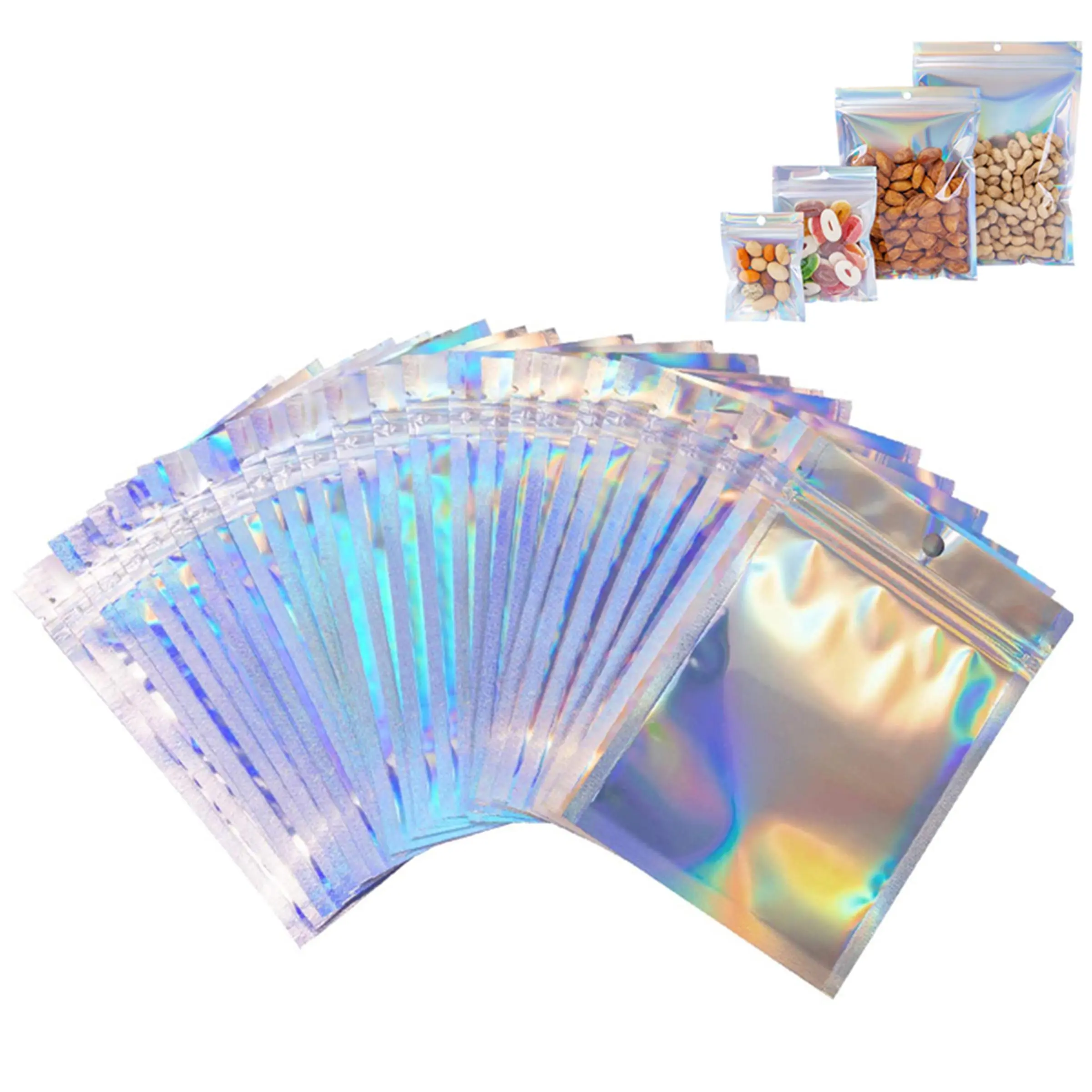 Holographic Clear High Quality Plastic Storage Bag, 100pcs/set Colorful Self Seal Resealable Packaging Food Storage Bag, Clear Food Storage Bag for Home Kitchen, Home Organizer, Plastic Bags, Plastic Pouches, Clear Bags for Treats