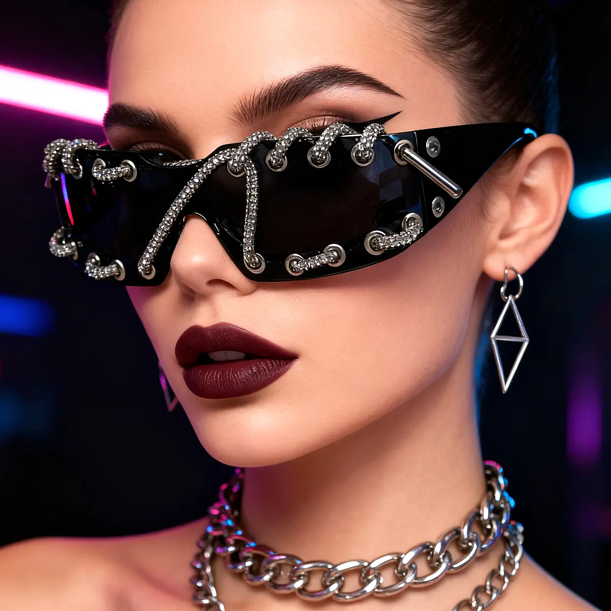 Punk Luxury Rhinestone Chain Sunglasses for Men Women One-piece Frameless Trendy Original Design Streetwear Party Shades Fashionable