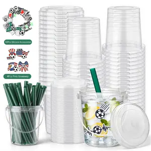 30 Pack 24oz Reusable Drink Buckets with Lids & Straws, Leak-Proof Plastic  Buckets with Handles ,BPA-Free,Soccer Party Decorations,idea for brithday, Game Day & Watch Parties ,summer party， for iced coffee buckets to go summervibes