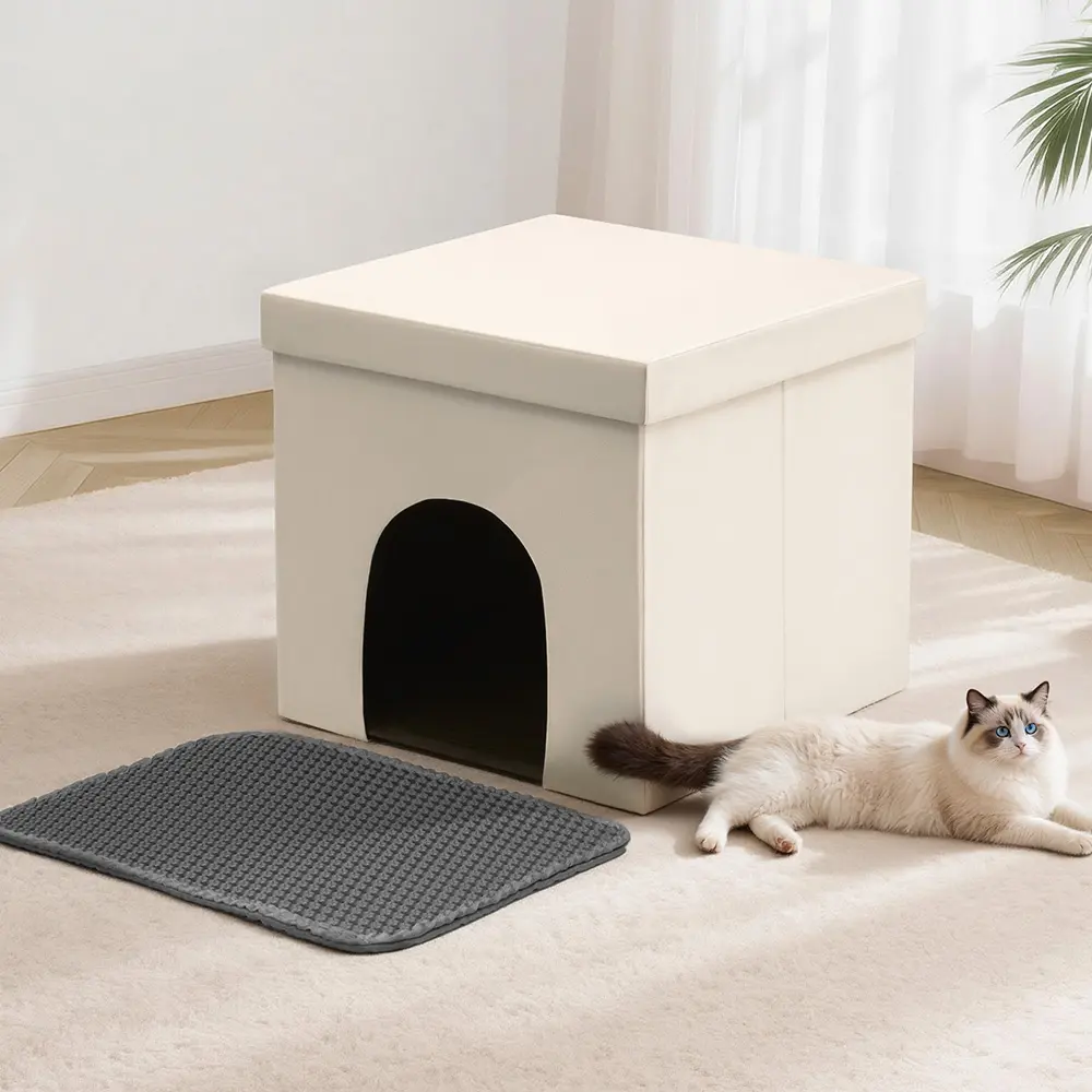 PAWGIANT 21.6×17.7×17.7'' Cat Litter Box, Enclosure Hidden Furniture, Foldable Cat Washroom Bench with Storage Space, Medium Cabinet Cats Litter Ottoman for Odor Control, Dog Poof, Beige, M