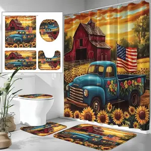 4 pcs retro American flag and truck design, exquisite shower curtain set, non-slip floor mat, U-shaped carpet, toilet lid cover, perfect for bathroom decoration, partition, beautify the space, 12 shower curtain hooks are given