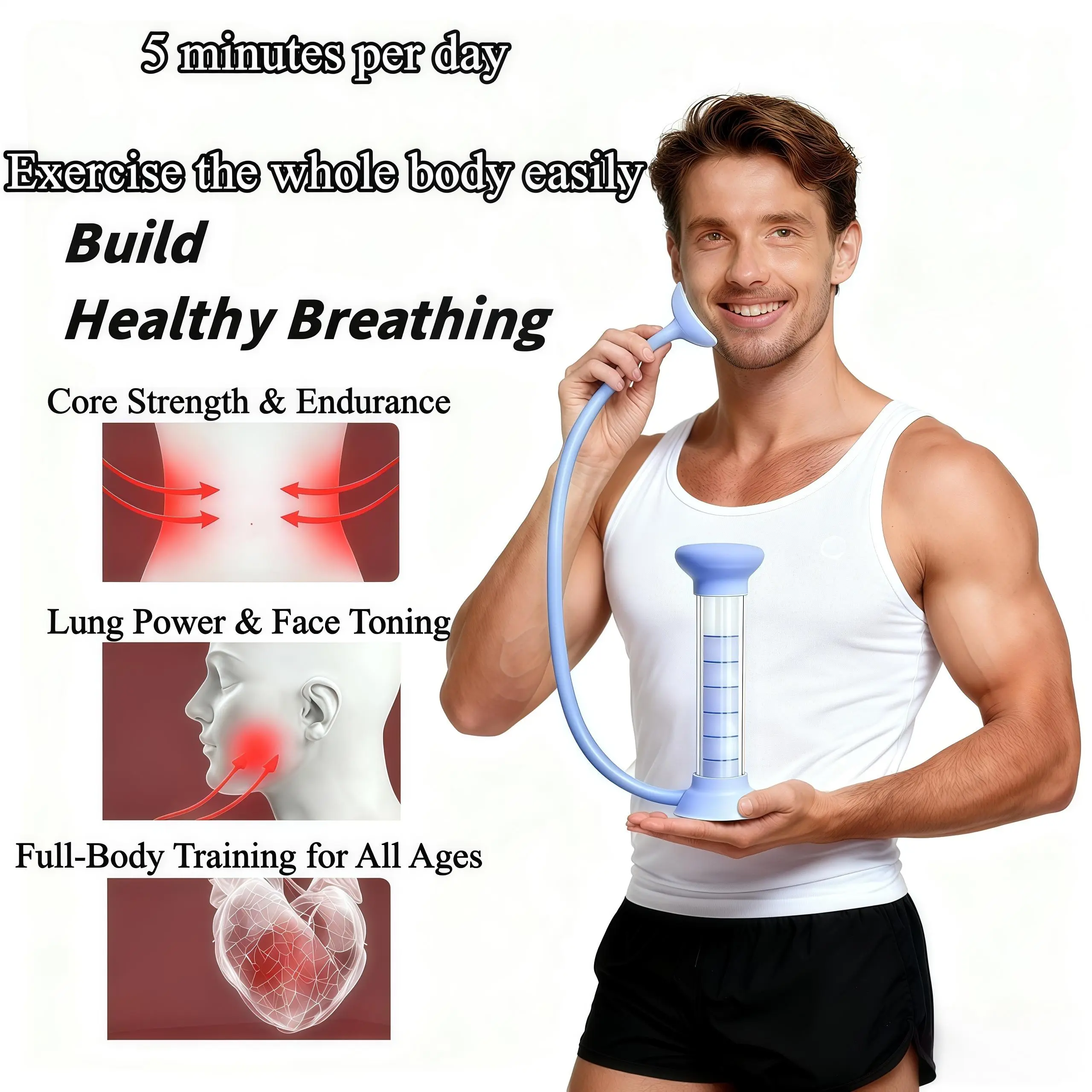 Fitness & Self-Care Multi-Tool Set - Blue Breathing Dumbbell for Abdominal, Lung Capacity, Pelvic Floor Training, Face Scrubber, Lash Shampoo Brush, Pore Cleaner, Reusable Cat Paw Roller, Stainless Steel Gua Sha Massager