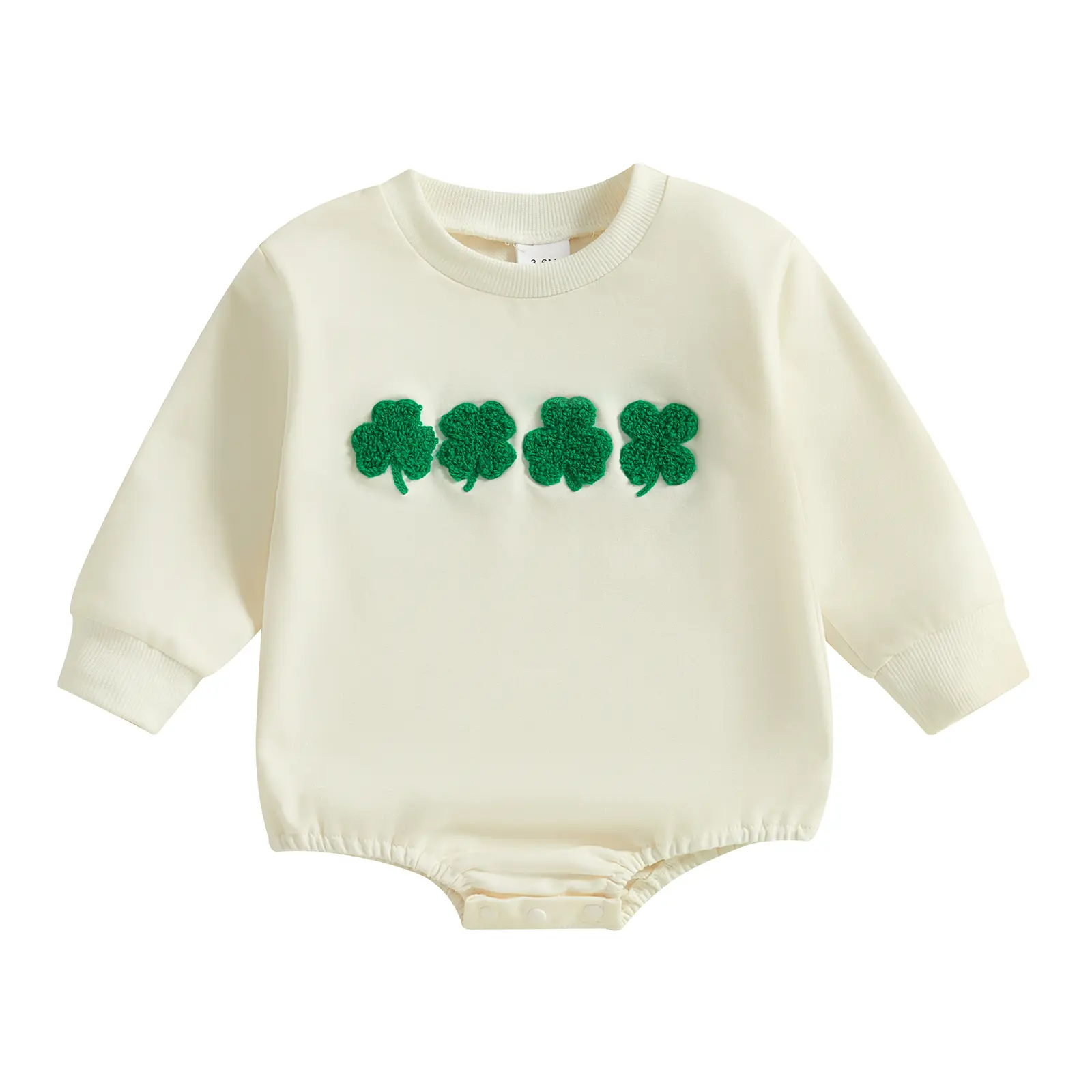 Baby Boy Girl St Patrick's Day Outfit Fuzzy Clover Embroidery Long Sleeve Bubble Romper Sweatshirt  Bodysuit
