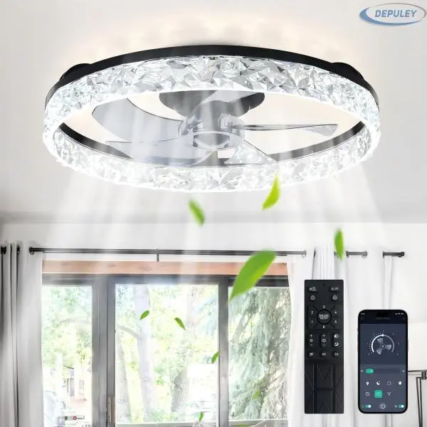 Depuley Bladeless Ceiling Fans with Lights: Full Package 20" Black Modern Low Profile Flush Mount Ceiling Fan with App&Remote - Bedroom Enclosed Crystal Fandelier for Apartment Loft Kitchen