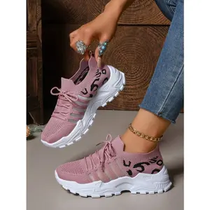 Women's Stylish Knit Sneakers: Leopard Print Panels, Durable Synthetic And Mesh Blend, Rebound Sole To Absorb Shock, Ideal For Staying Active On Busy Days, From The Gym To Getting A Coffee