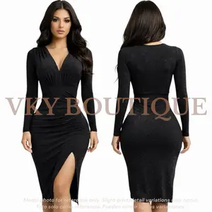 Long Sleeve Sparkle V-Neck Slit Midi Dress CC