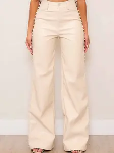[P6128] Vegan Leather Wide Leg Pants With Pearl