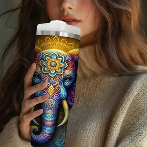 30oz Stainless Steel Water Bottle with Lid & Straw, Elephant Print Insulated Cup for Summer Winter Outdoor Travel Gift