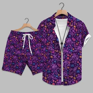 Men's Short-Sleeve Casual Mewtwo Hawaiian Shirt - Anime Neon Button-Up, Purple Gaming Fabric Shirt, Gift for Anime Fans