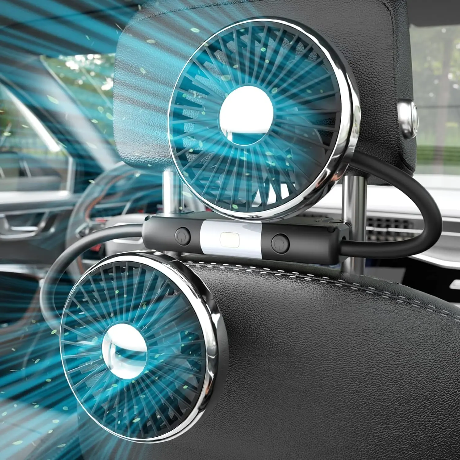 USB Car Fan for Backseat Dual Head Cooling Fans LED Light 3 Speeds Mode 360° Rotatable
