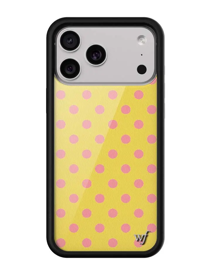 Yellow & Pink Polka Dots | Limited Edition Trendy Collab iPhone Case | Raised Protective Black Bumper | Women Owned Small Business | Yellow Background with Baby Pink Polka Dots Vibrant Aesthetic | Safety Casing Protective | Gift for Her