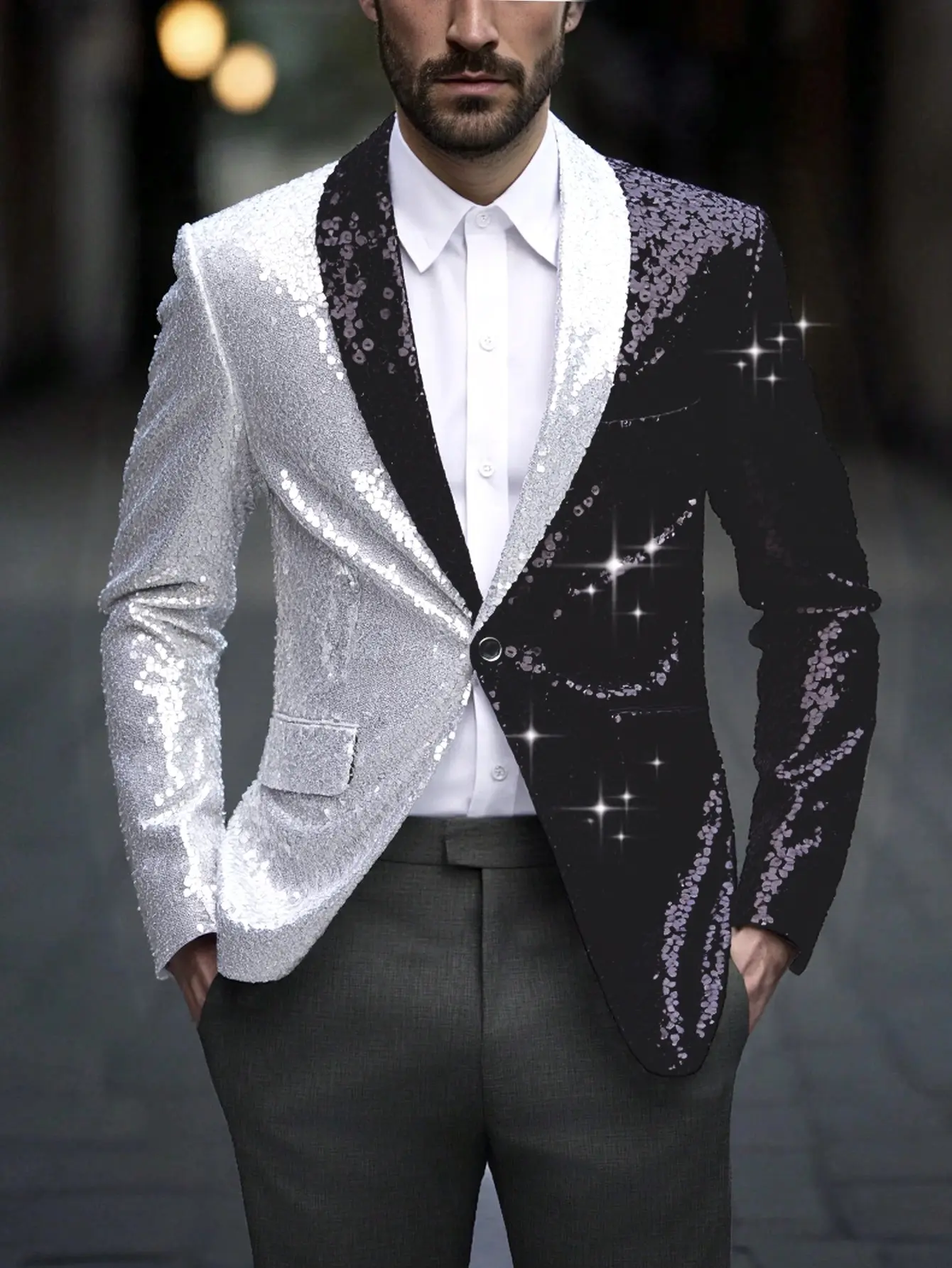 Men's party clothes, sequined suits, black and white color blocked suit jackets, men's jackets, performance clothes, stage clothes, Christmas gifts Formal Long Sleeve