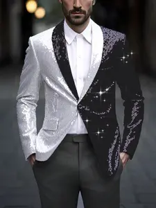 Men's party clothes, sequined suits, black and white color blocked suit jackets, men's jackets, performance clothes, stage clothes, Christmas gifts Formal Long Sleeve