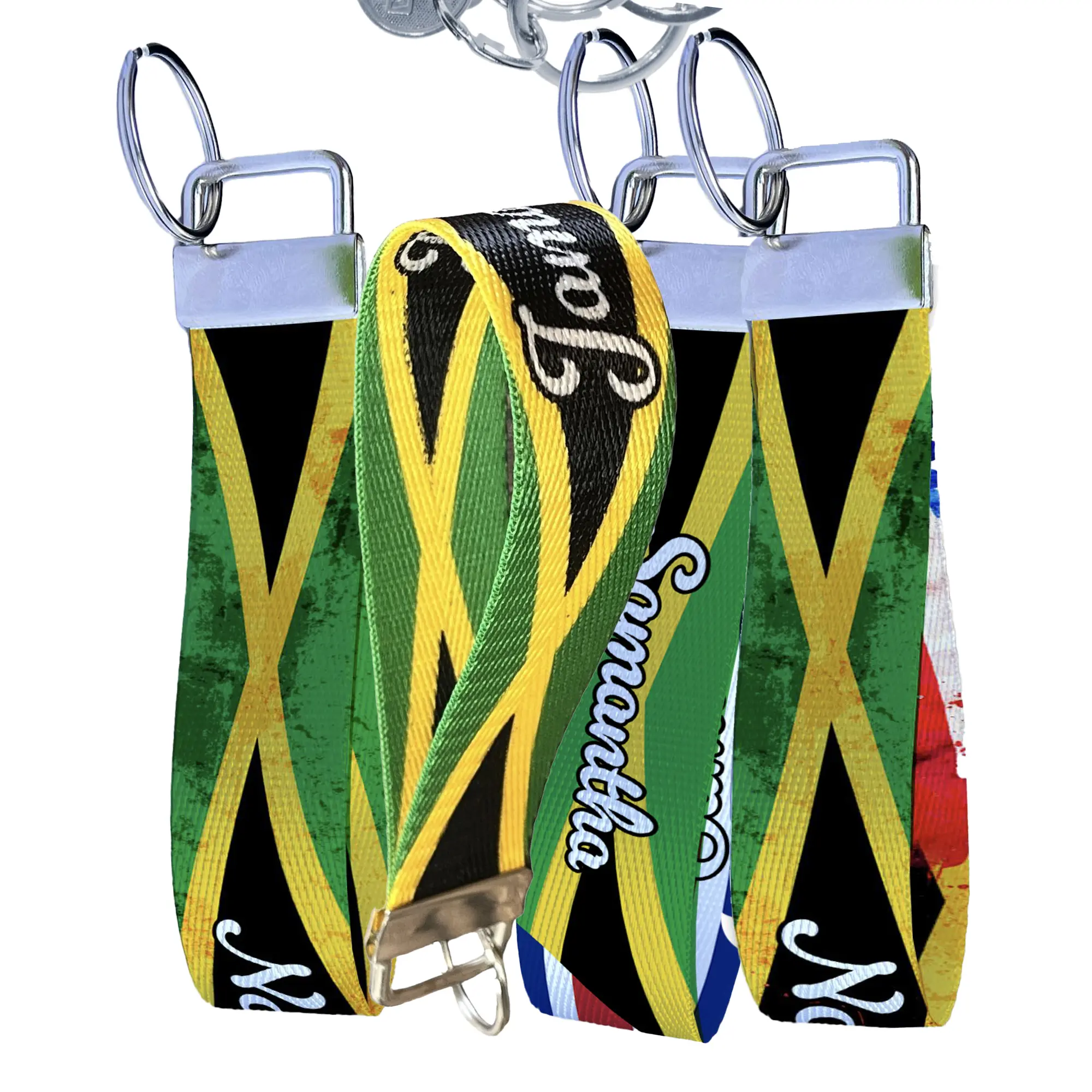 Jamaica Flag Keychain Collection - Personalized Name Nylon Key Fob - Custom Wristlet Keychain