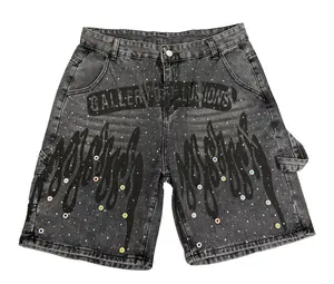 Women's Baggy Denim Shorts - High Waist Loose Fit Vintage Wash Shorts with Rhinestone Bedazzled Flame Print & Colorful Gem Details, Streetwear Casual Summer Outfit