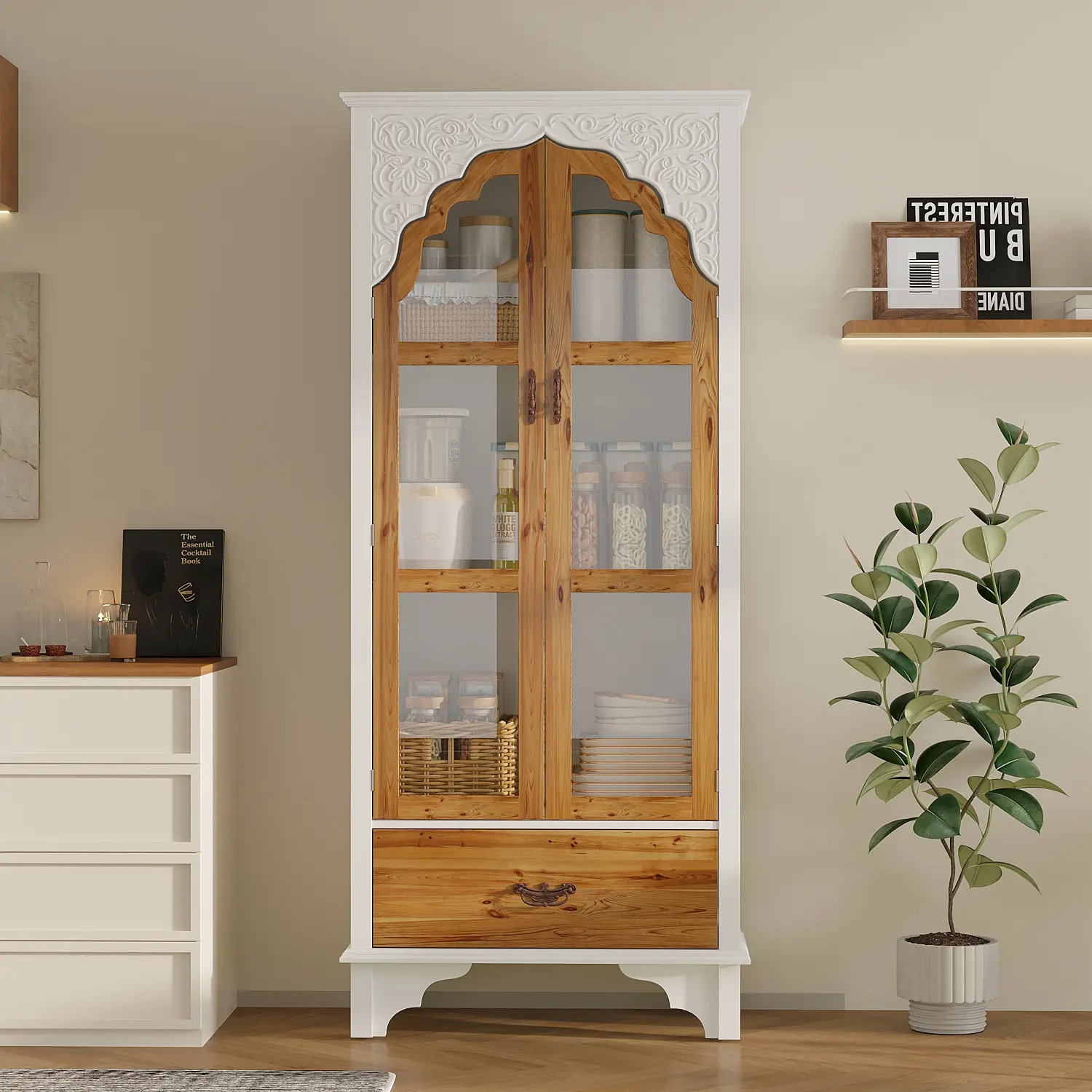 FUFU&GAGA 70.7" H Sturdy Elegant Wood Sideboard Cabinet - 3-Tier Shelves, Carved Doors, Display Bookcase for Living Room, Bedroom Storage for Collectibles, Bathroom Organizer