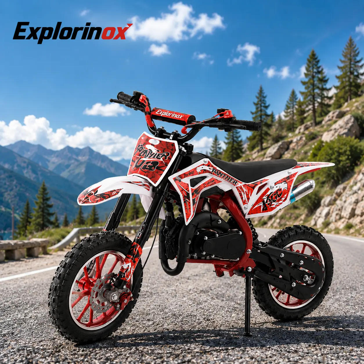 Explorinox Kids' Dirt Bike - Red and White Design, Ideal for Outdoor Fun and Adventure, Perfect for Young Riders
