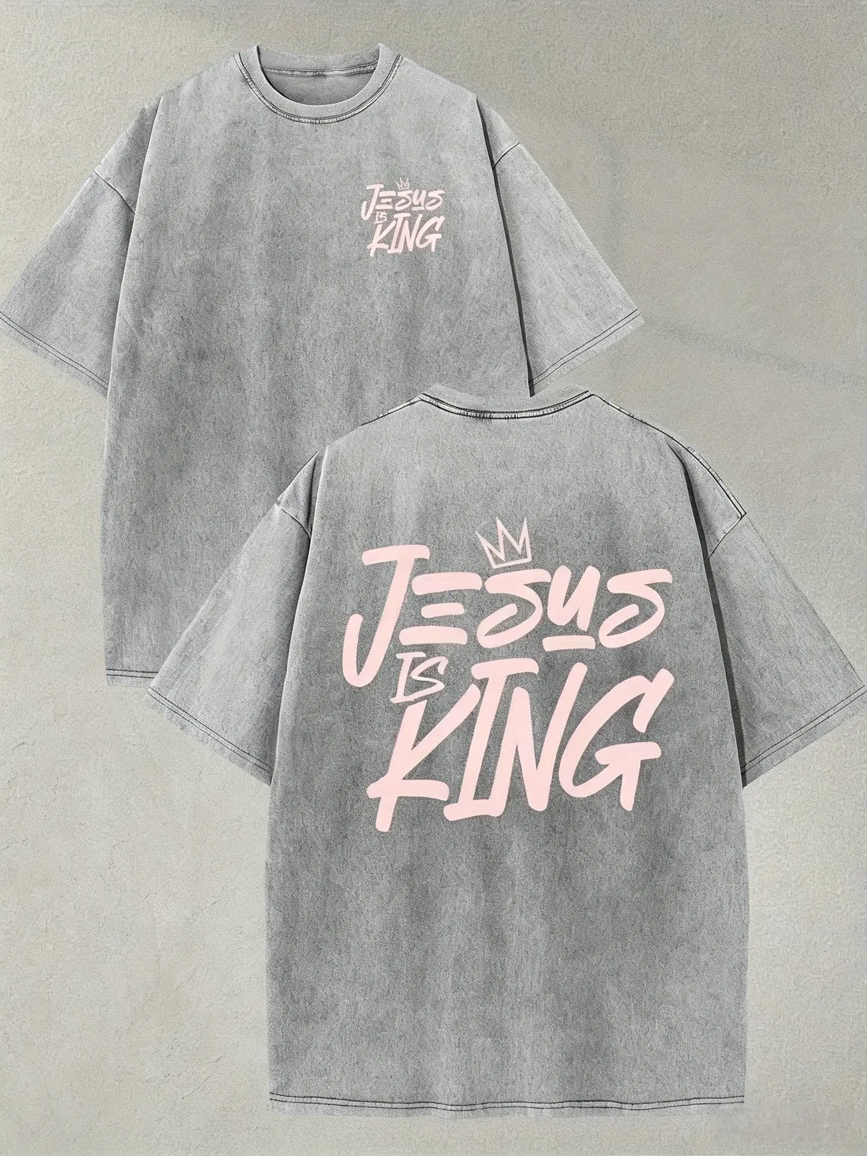 Men's Washed Gray Cotton Baggy Shortsleeve Vintage Christian Crewneck Top - Jesus Is King Crown Graffiti Faith Front & Back Print Loose Menswear Casual Tee, Tops, Men's Wear, Baggy Tee, Oversize, Religious Quote Graphic Men's Short-Sleeve T-Shirts