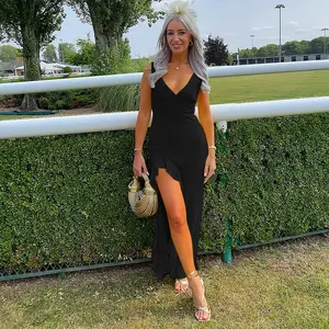 JY24071SKO-Women's Summer Sheer Beach Cover Up Dress Elegant Sleeveless V-Neck Ruffle Trim Split Maxi Gown Lightweight Transparent Mesh Long Dress for Tropical Vacation Poolside and Cruise Wear