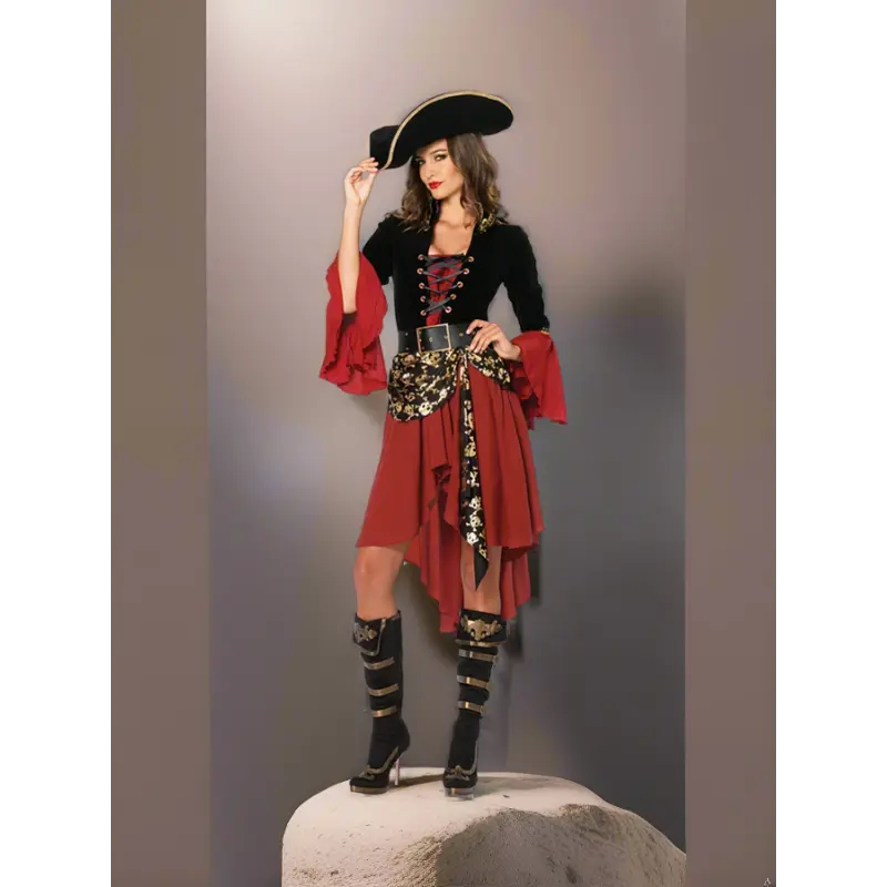 ChromaChic LEE Women's Sexy Pirate 4pcs Costume Set, Gothic Baroque Dress with Hat, Whip, Belt, Spandex Fabric Clothes with Sleeve & Accessories for Adult Halloween Party Role Play, Lady, Cute, Pirate Costume, Costume For Women