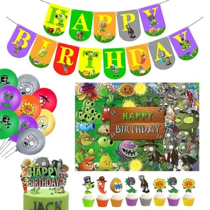 Plants Game Theme Birthday Party Supplies Decoration Kit With Happy Birthday BackdropZombies BannersCake-Cupcake TopperBalloons For Kids Boys Game Players Pvz Party Decor33Pcs In All