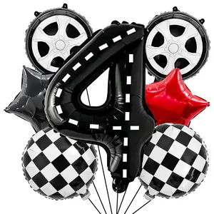7Pc Racing Theme Balloon Kit with Large Black Number 4 and Checkered Star Foil Set
