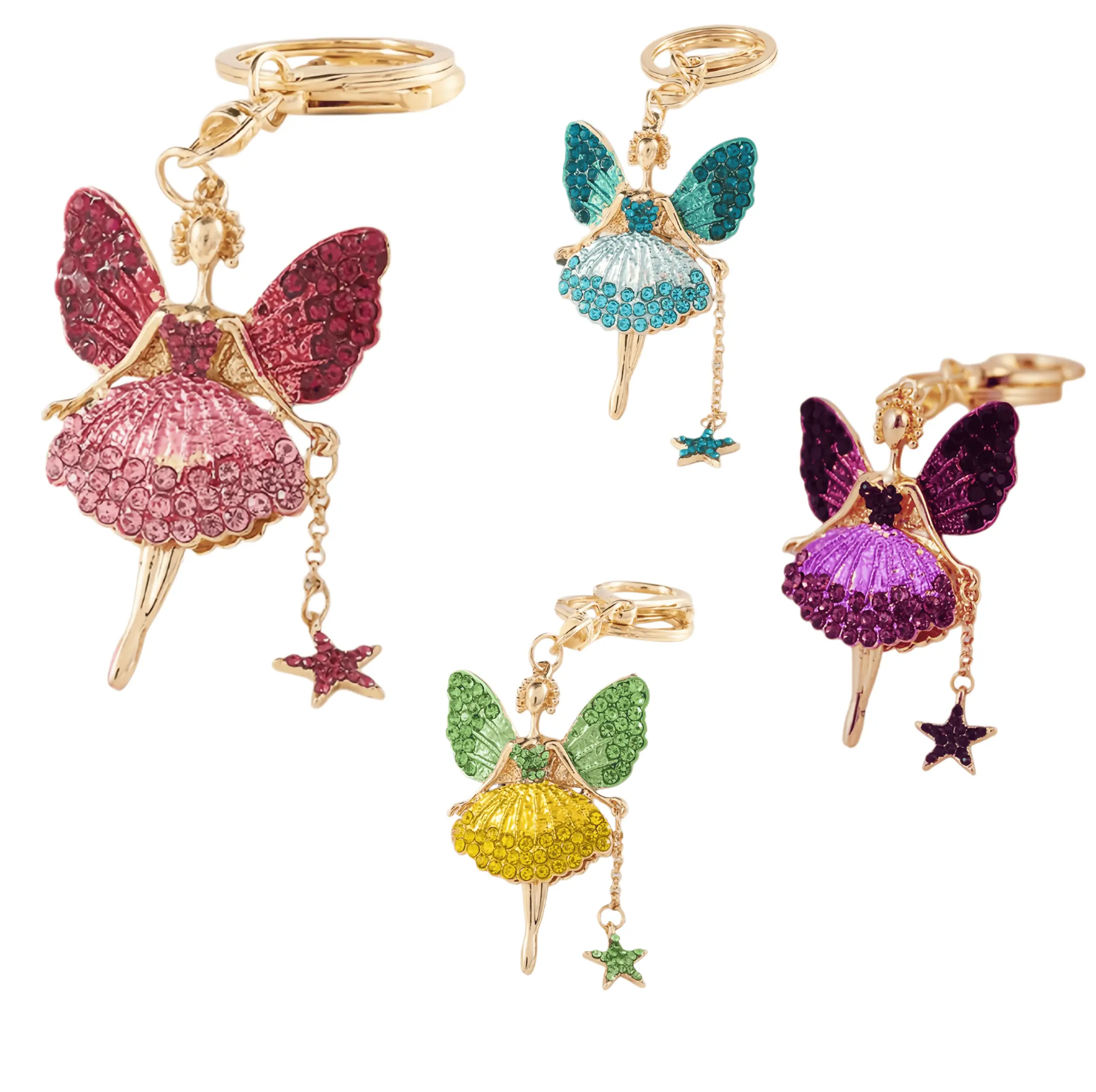 Women's Gold Metal Coating Winged Ballerina Keychain - Fairy Wings, Star Tassel, Elegant Rhinestone Dangle, Glittering Effect Glamorous Keychain, Kawaii Fashion Accessory, Female Wear Bag Charm Styling, Ballet Lovers Birthday Gift Idea, Birthday Gift Idea