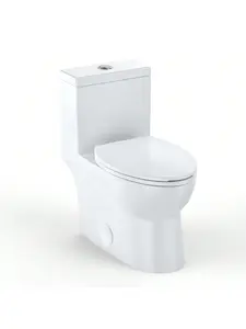12" Rough-In Elongated 1-Piece Ceramic Toilet for Bathrooms - Soft Close Seat, 1.28 GPF Powerful Quiet Left Side Trip Lever Flush, Crisp White, 12 In, One-Piece