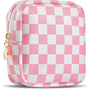 Small Makeup Bag for Purse, Mini Checkered Makeup Pouch for Women Girls, Little Cute Cosmetic Make Up Bags with Zipper, Leather Travel Toiletry Organizer for Teen (Pink)
