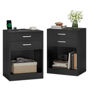 2Pcs Nightstand with Charging Station Black
