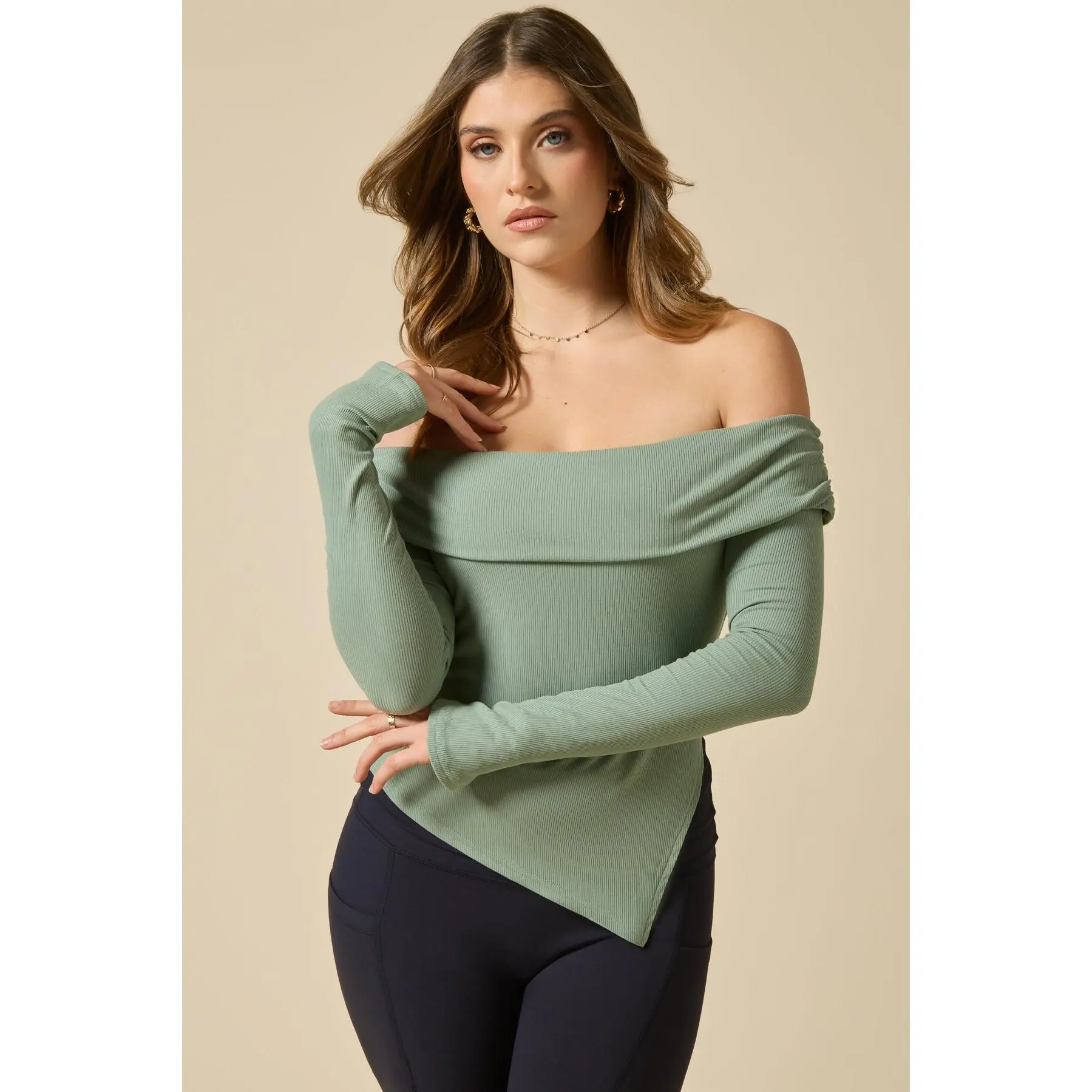 Olivia Off The Shoulder Long Sleeve - Evening Moss