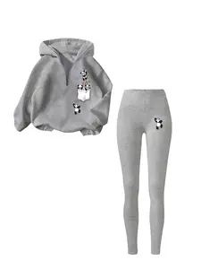 Women's 2-Piece Set, Zip Hoodie with Funny Panda Print + High Stretch Yoga Pants, Casual Daily Wear for Teens and Adults