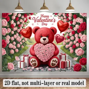 1PC,2D Flat Valentine's Day Decoration Backdrop, Romantic Rose Teddy Bear Themed Party Tapestry, Proposal Confession Photo Background Wall, Festival Atmosphere Decoration Prop