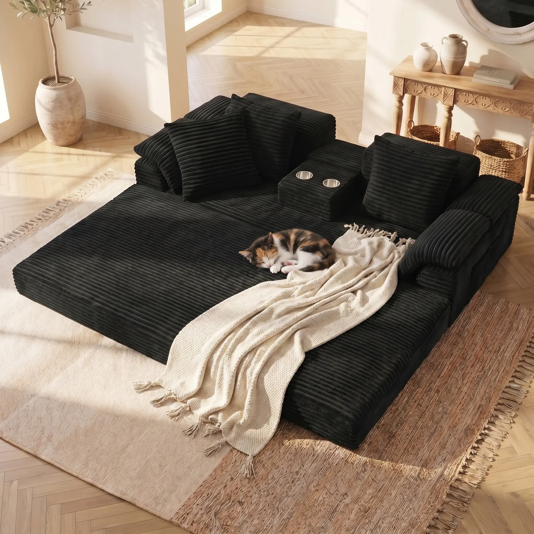 4-in-1 Extendable Folding 3-Seater Boneless Sofa Bed with Cup Holders - No Assembly Needed, Space-Saving Plush Fabric Couch, Sofas for Living Room, Furniture for Bedroom