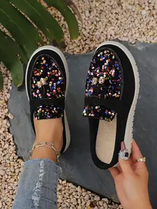 New Large Size 36-43 Women's Fashionable Footwear Slipon All-Season Glitter Thick Sole Rubber Slip-On Shoes, Casual Round Toe Single Shoe for Spring and Fall, Slip On Loafers