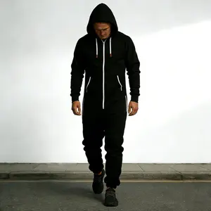 Men’s hooded fleece jumpsuit for winter—warm, comfortable one-piece streetwear; casual warm hooded romper set for autumn and winter lounge wear and streetwear
