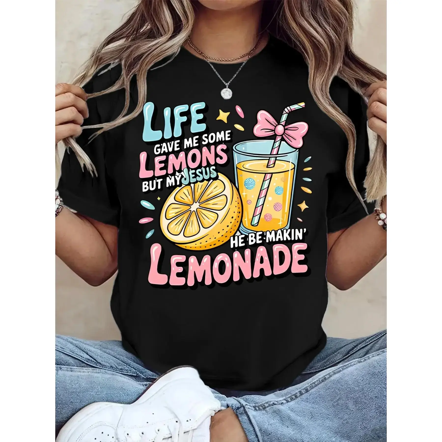 Women's Fun Christian Faith T-Shirt- "Life Gave Me Lemons, But Jesus Made Lemonade" Bible Verse Design with Lemon and Lemonade Print, Breathable Short  Round Neck Casual Top, Light Yellow Inspirational Christian Clothing