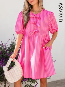 Women's Casual Striped Print Bow Detail Short Short Puff Sleeve Mini Dress, Pockets Design, All Seasons Wear