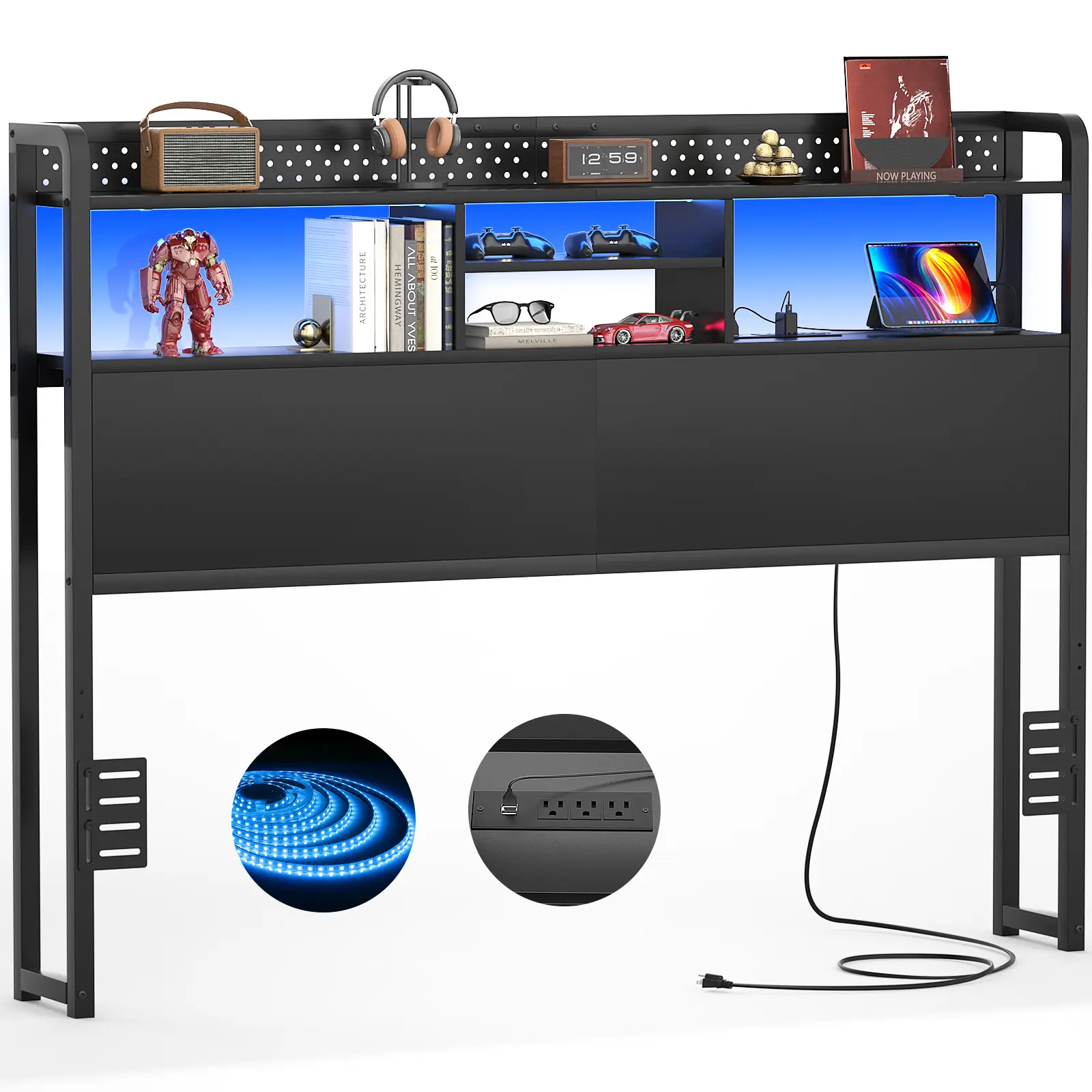 Headboard for Full / Queen / King Size Bed with Storage Shelf, Head Board with 3 Outlets and 2 USB Ports, Headboards with RGB LED Light, Height Adjustable, Sturdy and Stable, Easy Assembly