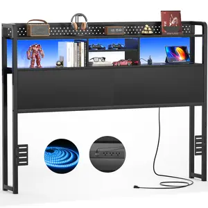 Headboard for Full / Queen / King Size Bed with Storage Shelf, Head Board with 3 Outlets and 2 USB Ports, Headboards with RGB LED Light, Height Adjustable, Sturdy and Stable, Easy Assembly