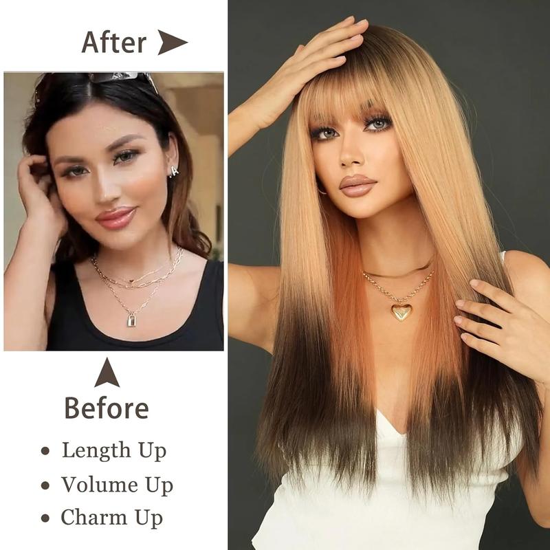 Long Straight Ombre Blonde Black with Bangs 28 Inch Ash Blonde Half wig with Dark Roots and Black Hair Tail Dye Natural Synthetic Layered Heat Resistant Wig for Women Daily Party Use