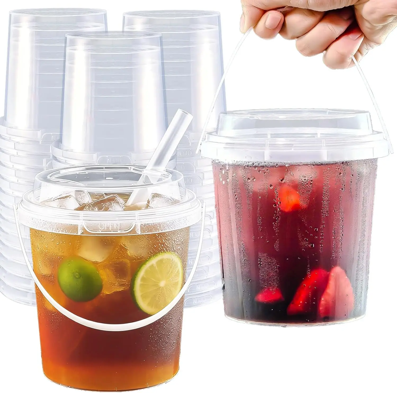 (20/60 Sets) High-Quality Plastic Drink Cups Pack, 25 oz Thick Leak-Proof Food-Safe Disposable Tableware with Lids, Straws, Handles for Parties, Iced Coffee