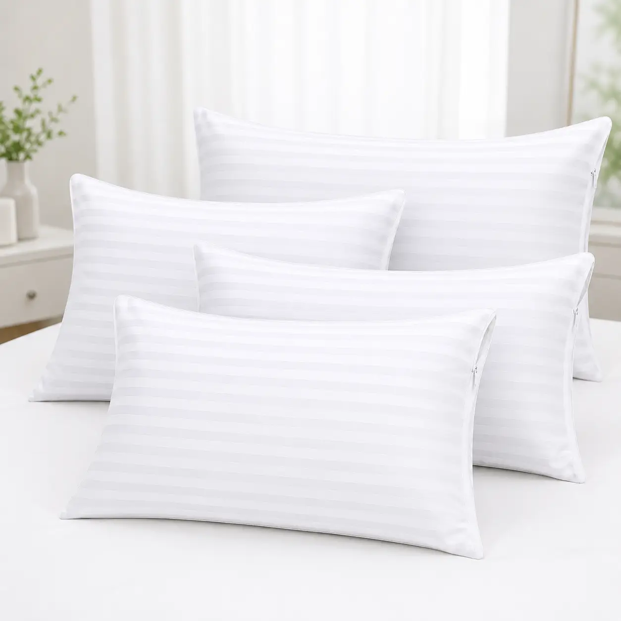 4-Pack Striped Multi-Size Waterproof Zippered Pillow Protectors, Lightweight Fabric Ultra-Soft Breathable Noiseless Pillow Covers for Daily Sleep